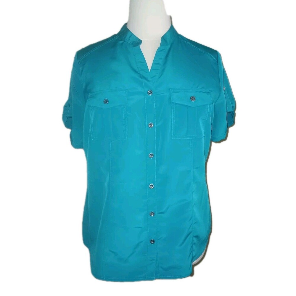 NWT LAURA SCOTT Womens 16/18 Satin Career Button Up Short Sleeve Top Solid Blue